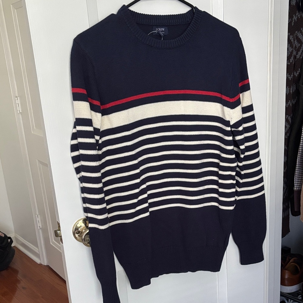 J. Crew Men's Sweater in Navy with Cream and Red Stripes